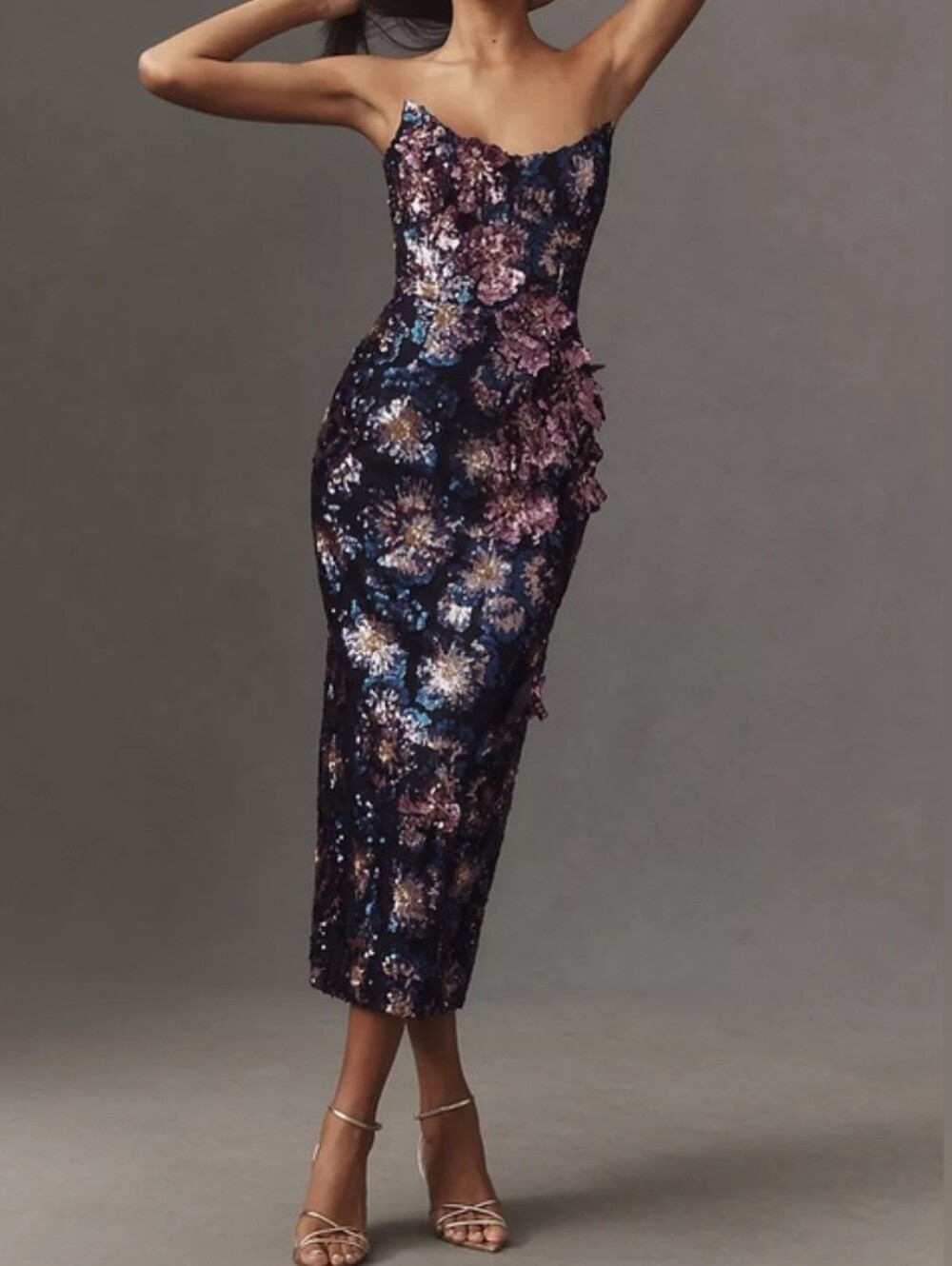 Helsi Rachel Strapless Navy Floral Sequin Midi Dress - XS